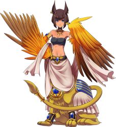 Rule 34 | 1girl, animal ears, artist request, bare shoulders, blue eyes, blue eyeshadow, breasts, brown hair, earrings, eyeshadow, feathered wings, jewelry, lion tail, makeup, midriff, monster girl, monster musume no iru nichijou, monster musume no iru nichijou online, navel, nemes (monster musume), official art, short hair, small breasts, solo, tail, tan, taur, transparent background, winged arms, wings