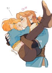 Rule 34 | 1boy, 1girl, blonde hair, carrying, hetero, highres, kiss, kissing forehead, link, nintendo, pointy ears, princess carry, princess zelda, the legend of zelda, the legend of zelda: tears of the kingdom, turippy, white background
