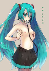 Rule 34 | 1girl, armpits, bad id, bad pixiv id, breasts, flat chest, green eyes, green hair, hatsune miku, long hair, matching hair/eyes, microphone, mouth hold, nipples, no bra, skirt, solo, tamaki fuyu, topless, twintails, vocaloid