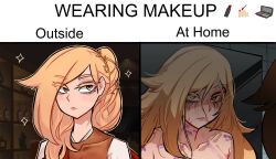 Rule 34 | 1girl, absurdres, armor, blonde hair, bottle, centurii-chan (artist), closed mouth, collarbone, colored eyelashes, covered collarbone, highres, implied nudity, legate (centurii-chan), lipstick mark, original, red sash, runny makeup, sash, shirt, sparkle, upper body, white shirt, yellow eyes