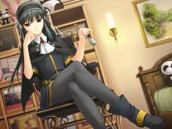 Rule 34 | 00s, 1girl, ankle boots, ascot, bed, bell, belt, black pantyhose, boots, brooch, cape, chair, crossed legs, dress, dutch angle, game cg, green hair, hair ribbon, hairband, head rest, high collar, high heels, holding, indoors, jewelry, kimi ga aruji de shitsuji ga ore de, kuonji shinra, lace, lace-trimmed dress, lace trim, light smile, lights, long hair, looking at viewer, pantyhose, photo (object), red eyes, ribbon, shironeko sanbou, shoes, short dress, sidelocks, sitting, smile, solo, stuffed animal, stuffed panda, stuffed rabbit, stuffed toy