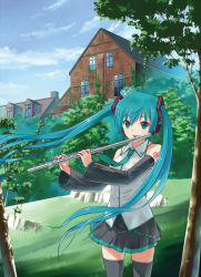 Rule 34 | 1girl, aqua eyes, aqua hair, bare shoulders, black thighhighs, building, detached sleeves, flute, hatsune miku, holding, instrument, kakuno, long hair, necktie, skirt, solo, thighhighs, tree, twintails, very long hair, vocaloid