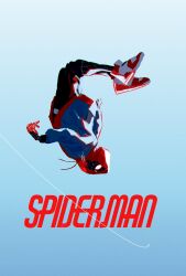 Rule 34 | 1boy, azisaiharumaki56, black bodysuit, blue background, bodysuit, commentary, copyright name, gradient background, highres, hood, hoodie, jumping, male focus, marvel, miles morales, profile, shoes, sneakers, solo, spider-man: across the spider-verse, spider-man (series), spider-verse, symbol-only commentary
