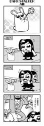 Rule 34 | 1girl, 2boys, 4koma, :3, amane (honey come chatka!!), bkub, blush, buck teeth, comic, door, dress, emphasis lines, fang, flower, flying sweatdrops, greyscale, hair ornament, hair scrunchie, halftone, highres, holding, holding flower, honey come chatka!!, kicking, komikado sachi, long hair, monochrome, multiple boys, one side up, pointing, pointing at self, rabbit, scrunchie, security guard, shirt, short hair, side ponytail, sidelocks, simple background, sparkle, speech bubble, standing, swept bangs, talking, teeth, translation request, two-tone background