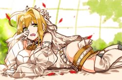 Rule 34 | 10s, 1girl, ahoge, arm support, blonde hair, blurry, blurry background, boots, breasts, bridal veil, cleavage, collar, commentary, day, detached collar, detached sleeves, drooling, fate/extra, fate/extra ccc, fate (series), from side, frown, gloves, green eyes, hair intakes, large breasts, leaf, leotard, lock, looking at viewer, lying, mouth drool, nero claudius (bride) (fate), nero claudius (bride) (second ascension) (fate), nero claudius (fate), nero claudius (fate) (all), on stomach, oono imo, open mouth, padlock, rubbing eyes, saliva, short hair, sleepy, solo, thigh boots, thigh strap, thighhighs, tree, veil, white collar, white footwear, white gloves, white leotard, white sleeves, wind, zipper pull tab