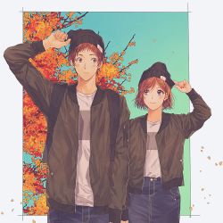 Rule 34 | 1boy, 1girl, arm at side, arm up, autumn, autumn leaves, ayase madoka (yumeiro cast), backpack, bag, beanie, bikini, black hat, blue pants, blush, brown eyes, brown hair, brown jacket, casual, closed mouth, cowboy shot, denim, denim skirt, falling leaves, flat chest, hair ornament, hairclip, hand on head, hat, jacket, jougasaki subaru, leaf, long sleeves, looking at another, looking to the side, matching outfits, miki (minkqs), nail polish, open clothes, open jacket, outside border, pants, pocket, red nails, shirt, short hair, side-by-side, side-tie bikini bottom, skirt, sky, smile, swept bangs, swimsuit, t-shirt, unzipped, yumeiro cast