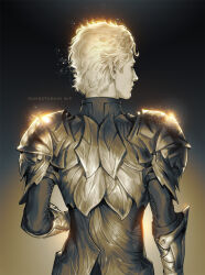 Rule 34 | 1boy, armor, astarion, baldur&#039;s gate, baldur&#039;s gate 3, black background, blonde hair, breastplate, brown background, dungeons &amp; dragons, from behind, gradient background, highres, male focus, pale skin, pointy ears, shiny clothes, short hair, shoulder plates, solo, sunsetagain