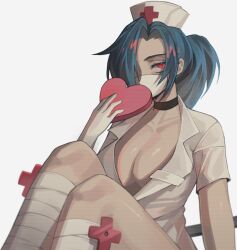 Rule 34 | 1girl, blue hair, box, breasts, chikenug1000000, choker, cleavage, collarbone, eyepatch, hat, heart-shaped box, large breasts, leg wrap, looking at viewer, mask, mouth mask, nurse cap, ponytail, red eyes, sitting, skullgirls, solo, surgical mask, valentine (skullgirls), white background