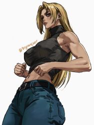 Rule 34 | 1girl, absurdres, belt, blonde hair, clenched hands, commentary, denim, english commentary, highres, jeans, jujutsu kaisen, long hair, looking down, midriff, orange eyes, pants, signature, solo, tank top, toned, tsukumo yuki (jujutsu kaisen), turtleneck, white background, zu yuan cesar