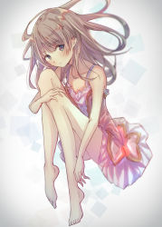 Rule 34 | 1girl, atelier (series), atelier totori, bare shoulders, barefoot, breasts, brown hair, closed mouth, dress, feet, grey eyes, long hair, looking at viewer, mogupon, see-through, simple background, small breasts, solo, totooria helmold