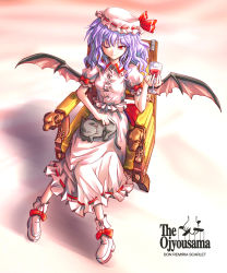 Rule 34 | 1girl, blue hair, cat, chair, cup, cupping glass, drinking glass, female focus, from above, hat, highres, one eye closed, parody, ranguage, red eyes, remilia scarlet, shirosa, sitting, solo, the godfather, throne, touhou, wine glass, wings, wink