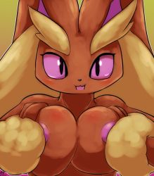 Rule 34 | 1girl, 2017, :3, animal ears, black eyes, blush, breast hold, breasts, breasts squeezed together, colored sclera, cottontail, creatures (company), dated, female focus, furry, furry female, game freak, gen 4 pokemon, gradient background, hands up, highres, large breasts, looking at viewer, lopunny, nintendo, nipples, nude, open mouth, orange background, pink sclera, pokemon, pokemon (creature), pokemon dppt, rabbit ears, signature, simple background, smile, solo, text focus, upper body, watermark