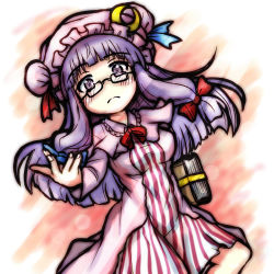 Rule 34 | 1girl, bespectacled, blush, book, breasts, crescent, eruru (erl), glasses, hat, highres, long hair, looking at viewer, medium breasts, patchouli knowledge, purple eyes, purple hair, solo, touhou