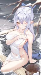 Rule 34 | 1girl, absurdres, aoria, breasts, brown eyes, bucket, collarbone, commission, covering privates, elf, grey hair, hand on own chest, highres, large breasts, long hair, looking at viewer, nude, nude cover, one eye closed, onsen, original, outdoors, parted lips, pointy ears, see-through, sitting, smile, snow, soaking feet, very long hair, water, wet towel, winter, wooden bucket