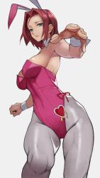 Rule 34 | 1girl, absurdres, animal ears, bad id, bad twitter id, bare shoulders, blue eyes, clenched hand, code geass, commentary request, cowboy shot, curvy, detached collar, fake animal ears, foreshortening, grey background, grey pantyhose, heart, highleg, highleg leotard, highres, kouzuki kallen, leotard, looking at viewer, open hand, pantyhose, pink leotard, playboy bunny, rabbit ears, red hair, shiny skin, short hair, simple background, solo, strapless, strapless leotard, white background, wrist cuffs, yoshio (55level)