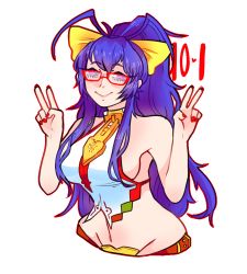 Rule 34 | 1girl, antenna hair, bespectacled, blazblue, blazblue: central fiction, blazblue variable heart, blue hair, bow, breasts, double v, genderswap, genderswap (mtf), glasses, hair bow, hylics (ragjin), large breasts, long hair, mai natsume, nail polish, ponytail, red-framed eyewear, sideboob, solo, v, very long hair, yellow bow