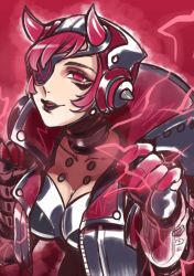 Rule 34 | 1girl, akami maguro, animification, apex legends, black gloves, black headwear, black jacket, black lips, breasts, cleavage, collarbone, cyber punked wattson, electricity, eyepatch, gloves, highres, hood, hooded jacket, horns, jacket, jitome, leaning forward, looking up, medium breasts, one eye covered, parted lips, pink eyes, pink hair, portrait, red background, smile, solo, wattson (apex legends)