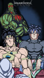 Rule 34 | 3boys, abs, absurdres, arm rest, armlet, artist name, bio broly, black eyes, black hair, blank eyes, broly (dragon ball super), broly (dragon ball z), circlet, commentary, couch, crossed arms, dragon ball, dragon ball super, dragon ball super broly, dragonball z, dual persona, english commentary, frown, highres, jewelry, kinzokumatto, male focus, multiple boys, muscular, muscular male, neck ring, nude, red eyes, shirt, sitting, tight clothes, tight shirt, topless male, turtleneck, vambraces, watermark