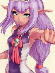 Rule 34 | 00s, 1girl, aqua eyes, bare shoulders, clenched hand, covered erect nipples, dark-skinned female, dark skin, elf, elvaan, final fantasy, final fantasy xi, flat chest, foreshortening, fumio (rsqkr), long hair, looking at viewer, pointy ears, prishe, purple hair, simple background, sketch, solo