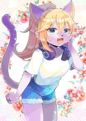 Rule 34 | 1girl, :d, animal ears, blonde hair, blue shorts, breasts, cat ears, cat girl, cat tail, commentary request, commission, diagonal stripes, fang, flower, fur-trimmed shorts, fur trim, furry, furry female, green eyes, hair between eyes, hand up, headphones, headphones around neck, kou hiyoyo, leaning forward, long hair, looking at viewer, open mouth, original, ponytail, red flower, shirt, short shorts, short sleeves, shorts, skeb commission, small breasts, smile, solo, standing, striped, striped background, tail, white background, white shirt