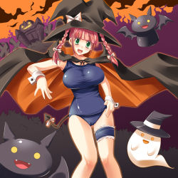 Rule 34 | bad id, bad pixiv id, braid, breasts, cape, halloween, hat, huge breasts, maki (seventh heaven maxion), one-piece swimsuit, pink hair, school swimsuit, solo, swimsuit, twin braids, witch hat