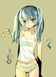 Rule 34 | 1girl, aqua hair, blue eyes, catna (sallysunyxy), hatsune miku, midriff, musical note, navel, open mouth, panties, simple background, solo, tank top, twintails, underwear, vocaloid