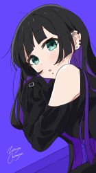Rule 34 | 1girl, absurdres, artist name, black dress, black hair, blunt bangs, bocchi the rock!, chin piercing, clothing cutout, colored inner hair, dress, ear piercing, earclip, earrings, from behind, goth fashion, green eyes, highres, jewelry, long dress, long hair, looking at viewer, multicolored hair, pa-san, piercing, purple background, purple hair, shoulder cutout, signature, simple background, sleeves past fingers, sleeves past wrists, solo, zetsuyo chimayo