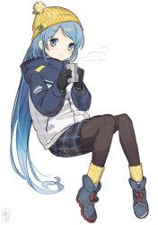 Rule 34 | 1girl, alternate costume, beanie, black footwear, black pantyhose, blue eyes, blue hair, commentary request, cup, full body, gradient hair, hat, highres, invisible chair, jacket, kantai collection, long hair, looking at viewer, mug, multicolored clothes, multicolored hair, multicolored jacket, one-hour drawing challenge, pantyhose, plaid, plaid skirt, samidare (kancolle), shoes, simple background, sitting, skirt, sneakers, solo, swept bangs, two-tone jacket, very long hair, white background, winter clothes, yamashichi (mtseven), yellow hat