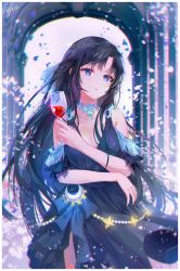 Rule 34 | 1girl, alcohol, black hair, blue eyes, breasts, cleavage, cup, dress, drinking glass, half updo, highres, holding, holding cup, jewelry, long hair, looking at viewer, nyx (shell grotto), one side up, original, petals, solo, wine, wine glass