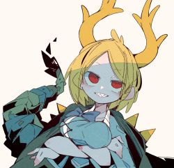 Rule 34 | 1girl, antlers, blonde hair, blue shirt, breasts, crossed arms, dragon horns, dragon tail, grin, horns, kicchou yachie, looking at viewer, massakasama, medium breasts, red eyes, sharp teeth, shirt, short hair, short sleeves, simple background, smile, solo, spiked shell, tail, teeth, touhou, turtle shell, upper body, white background