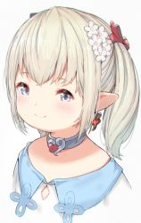 Rule 34 | 1girl, blue eyes, blush, bow, closed mouth, collar, dress, earrings, final fantasy, final fantasy xiv, flower, grey background, grey collar, hair bow, hair flower, hair ornament, haruken, jewelry, lalafell, light brown hair, looking at viewer, pointy ears, red bow, sidelocks, simple background, smile, solo, twintails, upper body, warrior of light (ff14), white background, white dress, white flower