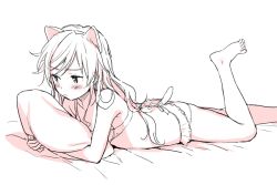 Rule 34 | animal ears, barefoot, bed sheet, blush, bra, breasts, bush, cat ears, cattail, chigusa asuha, collarbone, fake animal ears, greyscale, hairband, long hair, looking away, lying, monochrome, hugging object, on stomach, panties, pillow, pillow hug, pink theme, plant, qualidea code, sekiya asami, sideboob, simple background, sketch, small breasts, solo, swept bangs, underwear, underwear only, white background