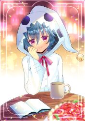 Rule 34 | 1girl, bell, blue hair, blurry, blurry background, blurry foreground, book, bow, closed mouth, commentary request, commission, cup, depth of field, ghost costume, hair between eyes, hand up, idol corp, jingle bell, kou hiyoyo, long sleeves, looking at viewer, mug, open book, red bow, red eyes, skeb commission, smile, solo, table, virtual youtuber, wide sleeves, yuko yurei