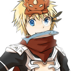 Rule 34 | 1boy, armor, assassin cross (ragnarok online), black shirt, blonde hair, blue eyes, commentary request, creature on head, fish, fish in mouth, imp (ragnarok online), looking at viewer, male focus, monocle, natsuya (kuttuki), open clothes, open shirt, pauldrons, ragnarok online, red scarf, rimless eyewear, round eyewear, scarf, shirt, short hair, shoulder armor, simple background, solo, upper body, white background