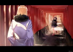 Rule 34 | 1boy, 1girl, alternate costume, arm warmers, bare legs, black coat, blonde hair, buttons, coat, fang, fate/grand order, fate (series), fur-trimmed coat, fur trim, hair ornament, high heels, highres, horns, kerorira, letterboxed, long coat, looking at another, multiple torii, oni, open mouth, outdoors, purple eyes, purple hair, red footwear, sakata kintoki (fate), shoes, short hair, shuten douji (fate), skin-covered horns, smile, standing, standing on one leg, sunlight, torii, twitter username