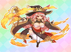 Rule 34 | 1girl, braid, breasts, bridal gauntlets, checkered background, cleavage, female focus, full body, fullbokko heroes, hat, large breasts, long hair, magic, merlin (fullbokko heroes), multicolored background, navel, official art, open mouth, pink hair, red eyes, shigatake, solo, staff, thighhighs, twin braids, white thighhighs, witch hat