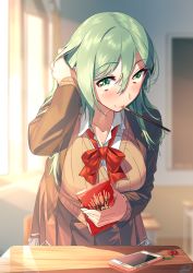 Rule 34 | 1girl, adjusting hair, ascot, blazer, blew andwhite, breasts, brown jacket, brown skirt, cellphone, chair, chalkboard, classroom, commentary request, desk, enemy lifebuoy (kancolle), food, food in mouth, green eyes, green hair, hair between eyes, hair ornament, hairclip, highres, indoors, jacket, kantai collection, large breasts, long hair, long sleeves, looking at viewer, mouth hold, neck ribbon, phone, pleated skirt, pocky, red ribbon, ribbon, school chair, school desk, school uniform, skirt, smartphone, smile, solo, suzuya (kancolle)