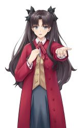 Rule 34 | 1girl, black hair, blue eyes, eyulam, fate/stay night, fate (series), highres, homurahara academy school uniform, outstretched arm, school uniform, simple background, solo, tohsaka rin, two side up, white background