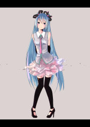 Rule 34 | 1girl, arms behind back, bad id, bad pixiv id, blue eyes, blue hair, hatsune miku, haz first music, high heels, highres, letterboxed, long hair, matching hair/eyes, pigeon-toed, shoes, skirt, smile, solo, thighhighs, very long hair, vocaloid