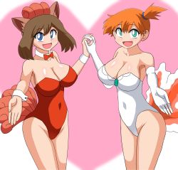 Rule 34 | 1girl, animal ears, bare shoulders, blue eyes, blush, body blush, bow, bowtie, breasts, brown hair, cleavage, collarbone, come hither, cosplay, covered navel, creatures (company), cuffs, elbow gloves, fake animal ears, fake tail, female focus, game freak, gen 1 pokemon, gloves, goldeen, goldeen (cosplay), green eyes, hair ornament, heart, highres, holding hands, jewelry, large breasts, leotard, light, lips, may (pokemon), misty (pokemon), nintendo, orange hair, pink background, pokemon, pokemon (anime), pokemon (classic anime), pokemon ep043, pokemon rse (anime), red leotard, rubber band, shiny clothes, shiny skin, short hair, short ponytail, side ponytail, solo, spotlight, su retro space, tail, thick thighs, thighs, vulpix, vulpix (cosplay), white background, white gloves, white leotard