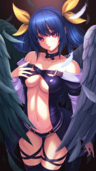Rule 34 | angel wings, arc system works, black panties, blue hair, breasts, dizzy (guilty gear), feathered wings, feathers, guilty gear, guilty gear x, guilty gear xx, hair rings, highres, large breasts, looking at viewer, navel, panties, red eyes, revealing clothes, solo, thigh strap, thighhighs, underboob, underwear, wings