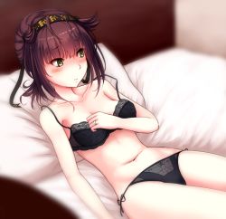 Rule 34 | 10s, 1girl, ahoge, bed, bed sheet, black bra, black hairband, blunt bangs, blurry, blurry background, blurry foreground, blush, bra, brown hair, clothes writing, collarbone, cowboy shot, green eyes, hair flaps, hairband, hand on own chest, hatsuzuki (kancolle), headband, highres, jewelry, kantai collection, lace, lace-trimmed bra, lace-trimmed panties, lace trim, low ponytail, lying, navel, nuka (nvkka), on back, panties, ring, short hair, shy, side-tie panties, solo, thighs, underwear, underwear only, wedding band
