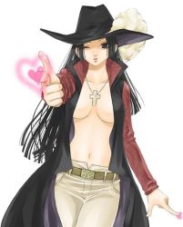 Rule 34 | 1girl, amazon warrior, belt, black eyes, black hair, boa hancock, breasts, cleavage, cocotri, cosplay, dracule mihawk, dracule mihawk (cosplay), female focus, hat, heart, highres, jacket, jewelry, jpeg artifacts, lining, long hair, necklace, one piece, open clothes, open shirt, pants, resized, shirt, simple background, solo, white pants
