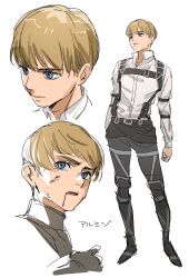 Rule 34 | 1boy, armin arlert, black footwear, black pants, blonde hair, blood, blood on face, blue eyes, boots, character name, chest harness, full body, hair behind ear, harness, highres, knee boots, long sleeves, looking down, looking up, male focus, multiple views, open mouth, pants, parted lips, shingeki no kyojin, shirt, simple background, standing, thundergotch, white background, white shirt