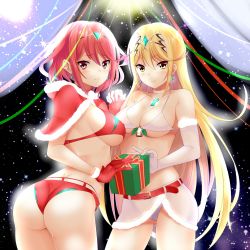 Rule 34 | 2girls, ass, bell, belt, bikini, blonde hair, box, breasts, capelet, chest jewel, christmas, closed mouth, daive, earrings, elbow gloves, gem, gift, gift box, gloves, hair between eyes, headpiece, highres, holding hands, interlocked fingers, jewelry, large breasts, long hair, multiple girls, mythra (xenoblade), pyra (xenoblade), red belt, red bikini, red capelet, red eyes, red gloves, red hair, short hair, smile, swept bangs, swimsuit, tiara, white bikini, white gloves, xenoblade chronicles (series), xenoblade chronicles 2, yellow eyes