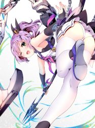 Rule 34 | 1girl, ass, azur lane, black ribbon, blush, bracelet, breasts, chain, crown, hair ornament, high ponytail, highres, holding, holding spear, holding weapon, javelin (azur lane), jewelry, looking at viewer, mini crown, neme1228, one eye closed, open mouth, panties, polearm, ponytail, purple hair, ribbon, shirt, sleeveless, sleeveless shirt, solo, spear, thighhighs, underwear, weapon, white panties