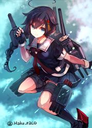 Rule 34 | 10s, 1girl, black hair, blue eyes, braid, cannon, cis (carcharias), fingerless gloves, gloves, hair ornament, hairclip, kantai collection, long hair, looking at viewer, personification, shigure (kancolle), single braid, skirt, smile, solo