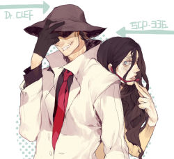 Rule 34 | 1boy, 1girl, alto clef, arrow (symbol), bad id, bad pixiv id, black hair, blue eyes, brown hair, character name, coat, couple, gloves, grin, hat over eyes, headset, height difference, jotman, lips, long hair, necktie, open mouth, parted lips, popped collar, scp-336, scp foundation, sharp teeth, smile, teeth
