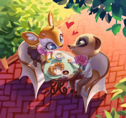 Rule 34 | absurdres, aggressive retsuko, animal hands, blue eyes, branch, cast shadow, chair, coffee, couple, croissant, cup, flower, food, furry, gazelle, green eyes, heart, highres, holivi, hooves, komiya (aggretsuko), leaves, looking at another, meerkat, plant, sitting, smile, standing, table, tail, terrace, tsunoda (aggretsuko)