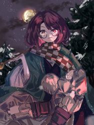 Rule 34 | 1girl, baggy pants, boots, brown pants, checkered clothes, checkered scarf, cloud, commentary, dark clouds, forest, full moon, futatsuiwa mamizou, futatsuiwa mamizou (human), glasses, green kimono, hand on own knee, highres, holding, holding smoking pipe, japanese clothes, kimono, looking at viewer, medium hair, moon, nature, open mouth, pants, pom pom (clothes), purple-framed eyewear, purple footwear, purple hair, scarf, sitting, smile, smoking pipe, snowing, solo, sutaku77224, touhou, tree, wide sleeves